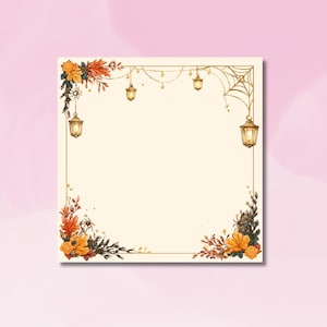 Könnte beinhalten: Quadratische Einladungskarte mit cremefarbenem Hintergrund, verziert mit Aquarellillustrationen von Herbstblättern, Blumen und hängenden Laternen. Das Design hat einen goldenen Rahmen und ein Spinnennetz-Element.