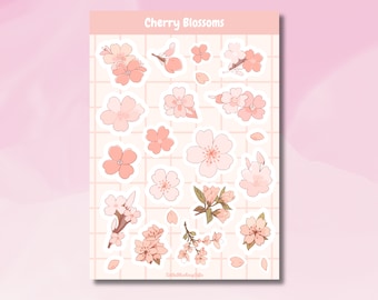 Pode incluir: Uma folha de adesivos com ilustrações de flores de cerejeira rosa. Os desenhos incluem flores individuais, raminhos e pétalas caindo. As palavras "Cherry Blossoms" estão no topo e "LittleBlueberryGifts" na parte inferior.