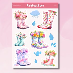Könnte beinhalten: Ein Set mit acht bunten Regenstiefel-Stickern mit Blumen- und Kirschmotiven. Die Sticker zeigen Regenstiefel mit Blumen, Kirschen und Schleifen. Die Sticker enthalten auch eine Wolke mit Regentropfen und einen Wasserspritzer.