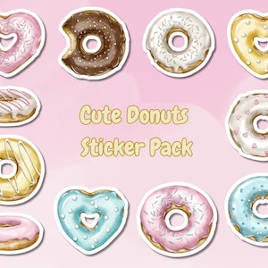 Pacote de adesivos de donut fofo, conjunto de adesivos de donuts fofos em tons pastéis, adesivos de sobremesas doces, pacote de adesivos de donuts em formato de coração