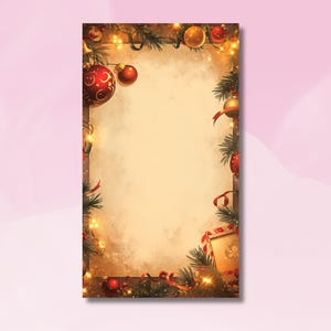 May include: A vintage-style Christmas card with a brown paper background and a border of pine branches, red and gold baubles, and fairy lights.