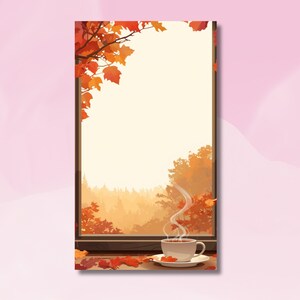 Può includere: Un'illustrazione di una scena di finestra con una tazza di tè. La finestra incornicia un paesaggio autunnale con fogliame arancione e rosso. Una tazza e un piattino bianchi sono sul davanzale, con vapore che sale dalla tazza.