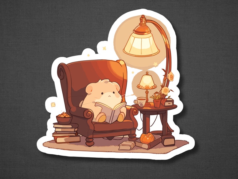 Puede incluir: Una criatura peluda blanca se sienta en un sill&oacute;n marr&oacute;n leyendo un libro. Una l&aacute;mpara con una pantalla amarilla ilumina la escena. Hay libros y un taz&oacute;n de palomitas de ma&iacute;z en el suelo.