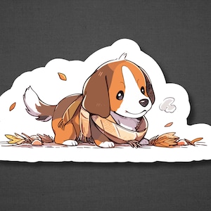 Puede incluir: Una ilustraci&oacute;n de dibujos animados de un beagle marr&oacute;n y blanco que lleva una bufanda marr&oacute;n con una raya blanca. El beagle camina por un mont&oacute;n de hojas de oto&ntilde;o.
