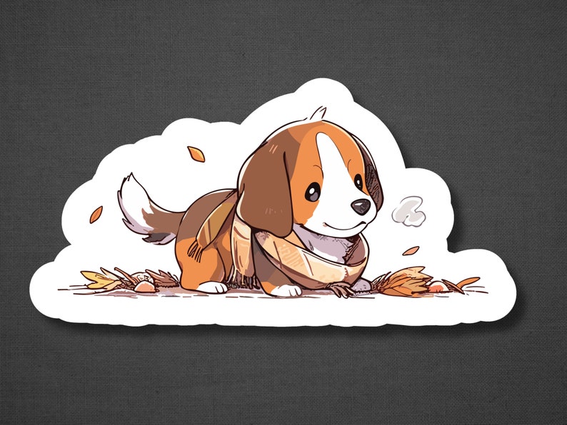 Puede incluir: Una ilustraci&oacute;n de dibujos animados de un beagle marr&oacute;n y blanco que lleva una bufanda marr&oacute;n con una raya blanca. El beagle camina por un mont&oacute;n de hojas de oto&ntilde;o.
