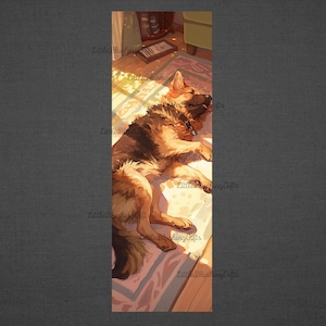May include: A brown and black German Shepherd dog is sleeping on a patterned rug in a sunlit room. The dog is lying on its side with its head resting on its paws.