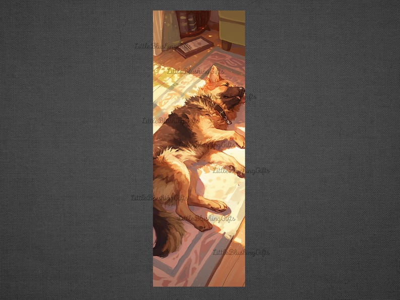 May include: A brown and black German Shepherd dog is sleeping on a patterned rug in a sunlit room. The dog is lying on its side with its head resting on its paws.