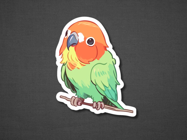 K&ouml;nnte beinhalten: Ein Aufkleber mit einem gr&uuml;n-orangen Liebesvogel, der auf einem Ast sitzt. Der Vogel hat eine gelbe Brust und einen leuchtend orangen Kopf.