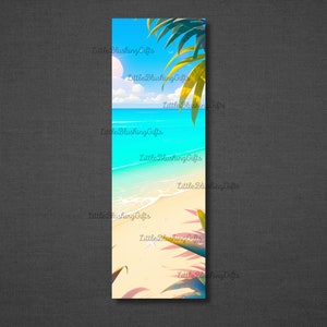 K&ouml;nnte beinhalten: Eine digitale Illustration einer tropischen Strandszene mit Palmen, blauem Wasser und wei&szlig;em Sand. Das Bild ist ein vertikales Lesezeichen mit dem Text "Little Blushing Gifts", der sich durchgehend wiederholt.