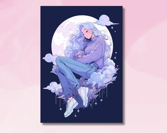 Träumerin Artprint, süßes Mädchen Kunstdruck, Wandbild, Verträumtes Mädchen auf dem Mond, verträumtes Mädchen Kunst, süße Kunst, Mädchen auf dem Mond