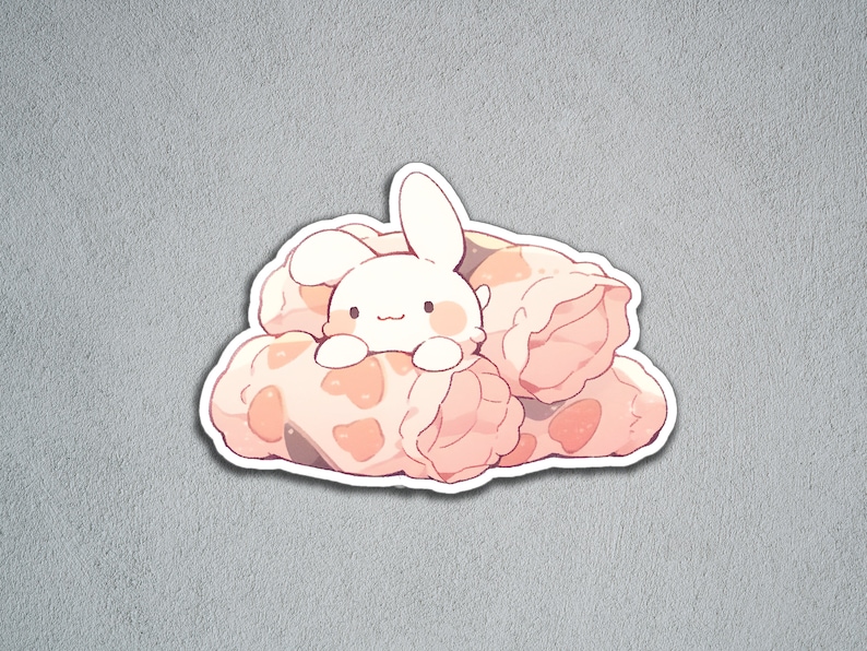 May include: A white bunny with pink cheeks peeking out from a pile of pink and brown patterned fabric rolls.