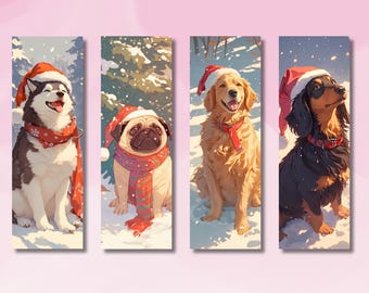 May include: Four dogs wearing Santa hats are sitting in the snow. The dogs are a husky, a pug, a golden retriever, and a dachshund. The background is a snowy forest.
