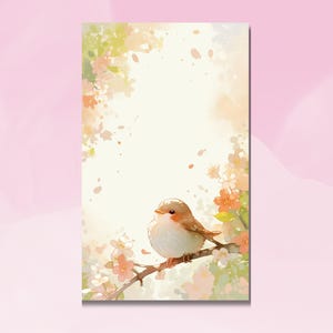 Könnte beinhalten: Aquarellillustration eines kleinen Vogels, der auf einem Ast mit zarten rosa und orangefarbenen Blüten sitzt. Der Hintergrund ist ein weiches, helles Beige mit subtilen Aquarellwaschungen, die eine verträumte, künstlerische Ästhetik erzeugen. Der Vogel hat eine weiße Brust und einen braunen Kopf.