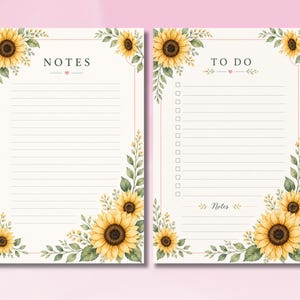 Könnte beinhalten: Zweiseitiges florales Schreibwarenset mit Aquarelldesign. Die Seiten zeigen gelbe Sonnenblumen und grüne Blätter. Auf einer Seite steht "NOTES" und auf der anderen "TO DO". Beide Seiten haben einen rosa Rand und liniertem Papier.