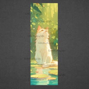 May include: A digital illustration of a fluffy white cat with orange ears and eyes, sitting on lily pads in a pond. The cat is looking upwards, with a background of green foliage and sunlight. The artwork has a soft, painterly style.
