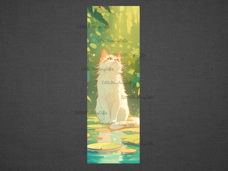 May include: A digital illustration of a fluffy white cat with orange ears and eyes, sitting on lily pads in a pond. The cat is looking upwards, with a background of green foliage and sunlight. The artwork has a soft, painterly style.