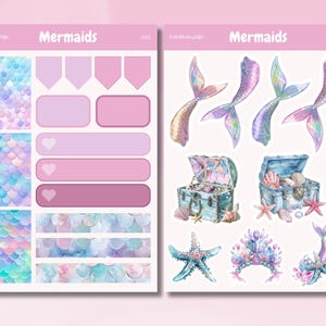 Feuille d'autocollants mignonne sirène rose, format A5, journal A5 et journal à puces, sirène de griffonnage de couleur pastel, kit de planification de sirène sous-marine