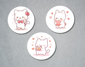 Cute Kawaii Cat Sticker, Circular Stickers, Kawaii Sticker Set, Adorable Cat Sticker Set, Kawaii Cats