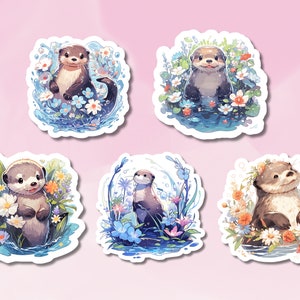 Süße Otter-Aufkleber, Blumenotter-Aufkleber, Tieraufkleber, Meerestieraufkleber, BuJo Zubehör, Kinderaufkleber