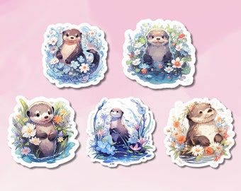 Cute Otter Stickers, Flower Otter Sticker Set, Animal Sticker, Sea Animal Sticker, BuJo Supplies, Kids Sticker