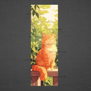 May include: A bookmark featuring a cartoon orange cat sitting on a wooden fence with green foliage behind it. The cat is smiling and has its eyes closed.