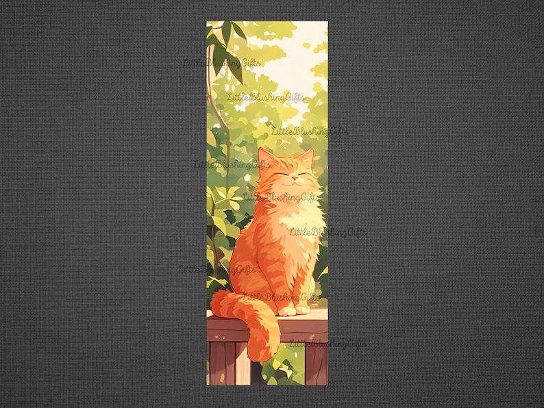 May include: A bookmark featuring a cartoon orange cat sitting on a wooden fence with green foliage behind it. The cat is smiling and has its eyes closed.
