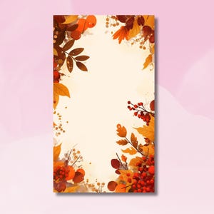 May include: Watercolor illustration of an autumn-themed design. The image features a cream-colored background framed by colorful leaves, berries, and branches in shades of orange, red, and brown. The design is suitable for fall-themed products.