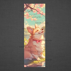 May include: A cartoon illustration of a corgi dog wearing a pink bow tie, sitting in a field of pink flowers with a blue stream of water in the background.