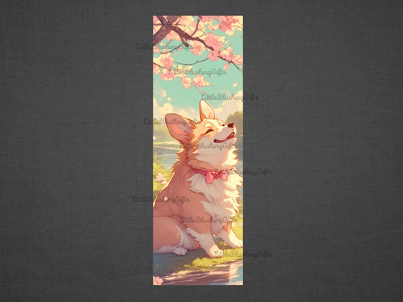 May include: A cartoon illustration of a corgi dog wearing a pink bow tie, sitting in a field of pink flowers with a blue stream of water in the background.