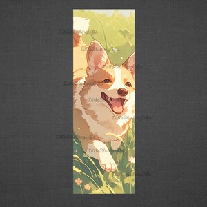 May include: A digital illustration of a corgi dog running through a field of green grass and white flowers. The corgi is brown and white with a happy expression on its face.