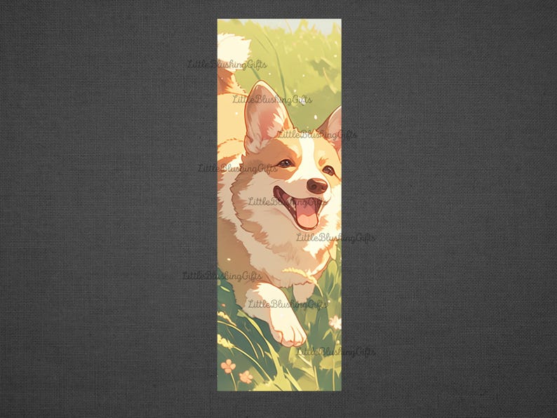 May include: A digital illustration of a corgi dog running through a field of green grass and white flowers. The corgi is brown and white with a happy expression on its face.