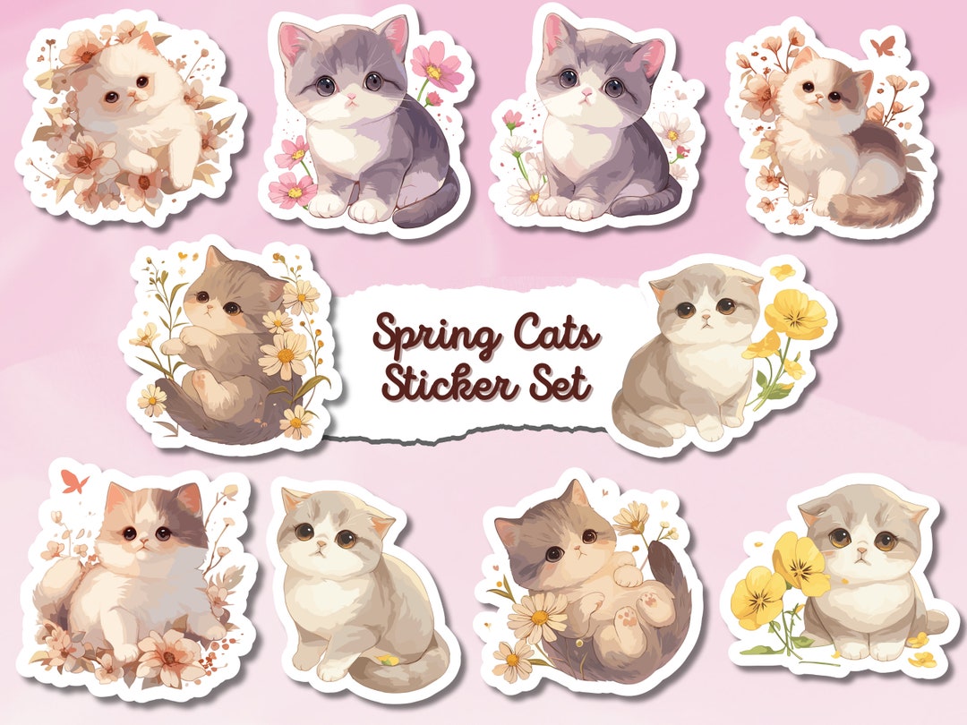 Kitty Spring Sticker Spring Cat Sticker Set, Cute Spring Kitten, Adorable Cat Sticker Set ...