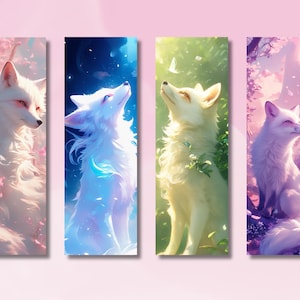 May include: Four vertical art prints featuring white foxes in serene settings. Each fox is depicted with soft, fluffy fur and is set against backgrounds of cherry blossoms, starry nights, and sunlit forests. The art style is whimsical and dreamlike.