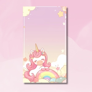 May include: A charming illustration of a unicorn with pink hair and a golden horn, perched on a rainbow. The background includes clouds, stars, and a soft pink and purple gradient. The overall theme is cute and magical.