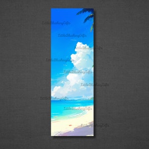 K&ouml;nnte beinhalten: Eine digitale Illustration einer Strandszene mit blauem Himmel, wei&szlig;en Wolken und einer Palme. Der Strand ist wei&szlig;er Sand mit blauem Wasser und einer kleinen Insel in der Ferne.