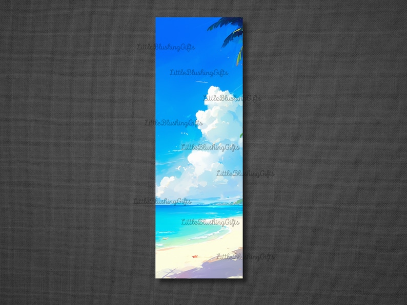 K&ouml;nnte beinhalten: Eine digitale Illustration einer Strandszene mit blauem Himmel, wei&szlig;en Wolken und einer Palme. Der Strand ist wei&szlig;er Sand mit blauem Wasser und einer kleinen Insel in der Ferne.