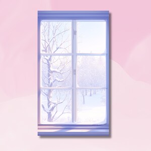 Pode incluir: Uma janela com moldura branca e seis vidros, oferecendo uma vista de uma paisagem de inverno nevada. Árvores nuas, cobertas de neve, são visíveis, com um fundo de uma floresta coberta de neve. A cena é banhada por uma luz suave e fria.