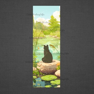 May include: A digital illustration of a black cat sitting on a rock in a pond. The cat faces away from the viewer, overlooking a serene landscape with lily pads, grass, and trees. The sky is blue with fluffy clouds.