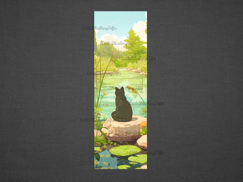 May include: A digital illustration of a black cat sitting on a rock in a pond. The cat faces away from the viewer, overlooking a serene landscape with lily pads, grass, and trees. The sky is blue with fluffy clouds.