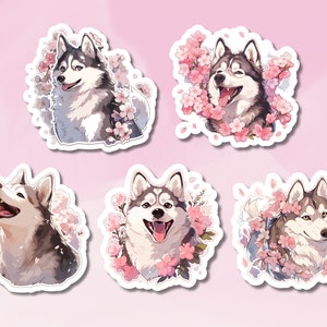 Niedlicher Husky-Aufkleber, Blumen-Husky-Aufkleber, Hundeaufkleber-Set, niedlicher Hundeaufkleber, niedlicher Husky-Aufkleber, Frühlingsmotiv