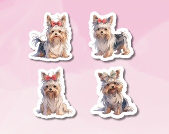 Op de afbeelding: Vier schattige Yorkshire Terrier hondenstickers met verschillende poses en strikken. De stickers zijn wit met een witte omtrek.