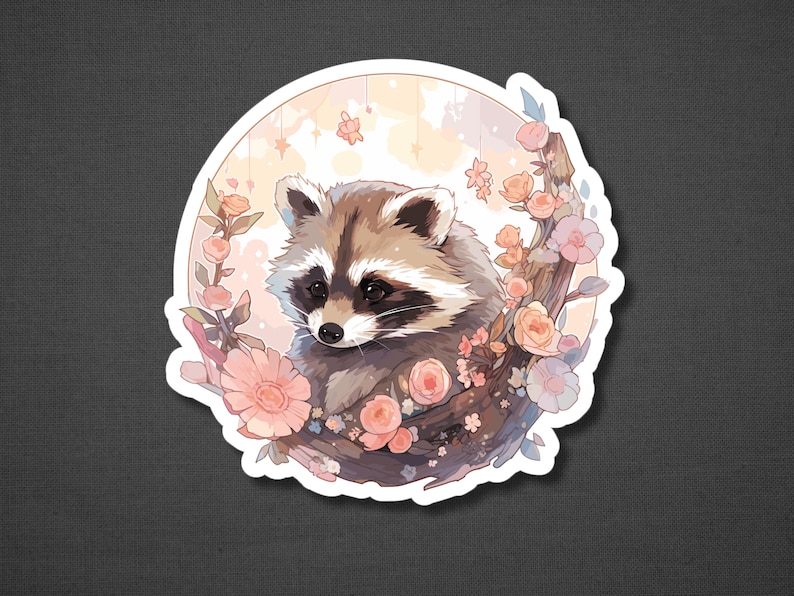 Puede incluir: Un adorable mapache de dibujos animados rodeado de flores rosas y blancas. El mapache est&aacute; sentado en una rama con un fondo suave y de ensue&ntilde;o.