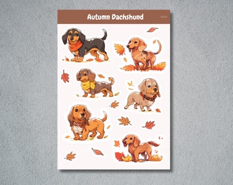 Herbst Dackel Aufkleber, Dackel Aufkleber, Herbst Hund Aufkleber, A5 Aufkleberbogen, Niedlicher Herbst Dackel