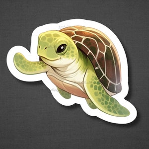 May include: A cartoon illustration of a green sea turtle with a brown shell. The turtle has a friendly expression and is looking to the left.