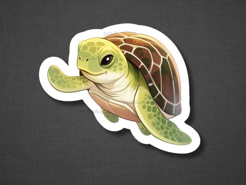 May include: A cartoon illustration of a green sea turtle with a brown shell. The turtle has a friendly expression and is looking to the left.