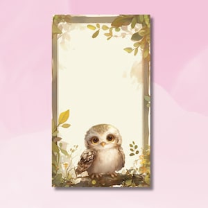 May include: A rectangular stationery sheet featuring a central cream-colored blank space framed by a border of green and brown leaves and branches. A small, fluffy brown and white owl with large dark eyes sits on a branch at the bottom center.
