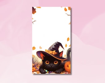 May include: A digital illustration of a black cat wearing a witch hat with an orange bow. The cat has large orange eyes and is surrounded by pumpkins, autumn leaves, and candy. The background is white with a pink border.