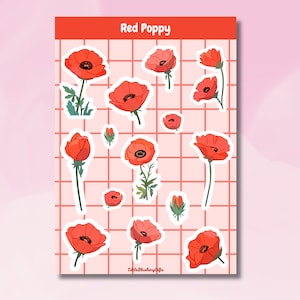 Red Poppy A5 Stickersheet: Floral Journal Stickers