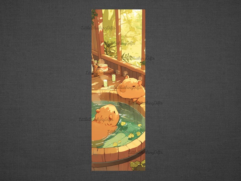 K&ouml;nnte beinhalten: Illustration von zwei Cartoon-Wasserschweinen, die sich in einem h&ouml;lzernen Whirlpool entspannen. Das Becken ist mit gr&uuml;nem Wasser und gelben Bl&uuml;tenbl&auml;ttern gef&uuml;llt. Die Szene spielt in einem sonnigen Raum mit Holzw&auml;nden und einem Fenster.