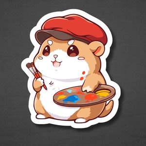 Puede incluir: Un h&aacute;mster de dibujos animados con un sombrero rojo y marr&oacute;n sostiene un pincel y una paleta de pintura con pintura colorida.